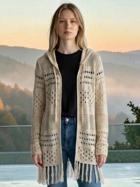 Cato Beige Open-Knit Hooded Fringe Cardigan